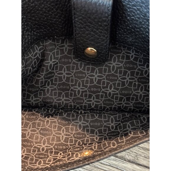 Lodis Wristlet Black Pebbled Leather 5" X 8" Wallet Goldtone With Strap - Picture 8 of 8